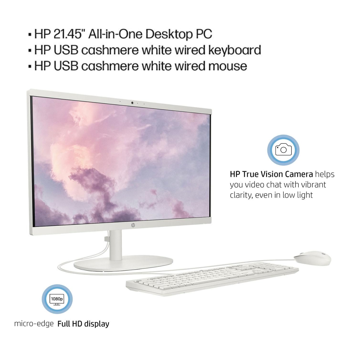 HP 2022 All-in-One Desktop, 21.5" FHD Display, Intel Celeron J4025 Processor, 8GB RAM, 256GB PCIe SSD, Webcam, WiFi, HDMI, RJ-45, Wired Keyboard&Mouse, Windows 11 Home, White