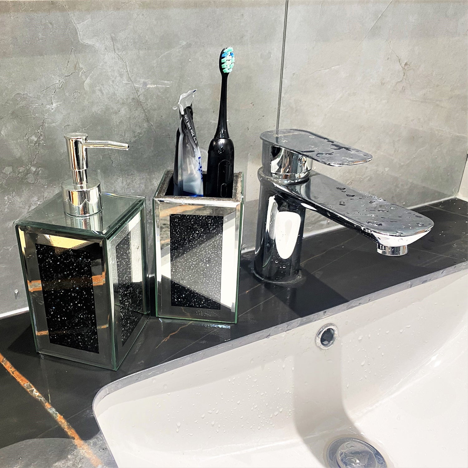 Square Soap Dispenser and Toothbrush Holder in Gift Box, Black Crushed