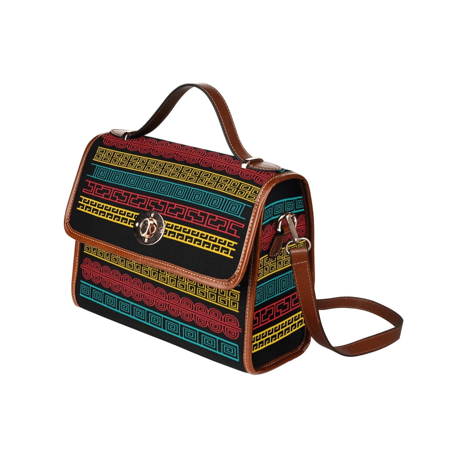 Women’s Handbag - Canvas Top Handle Shoulder Bag - Black / Geometric
