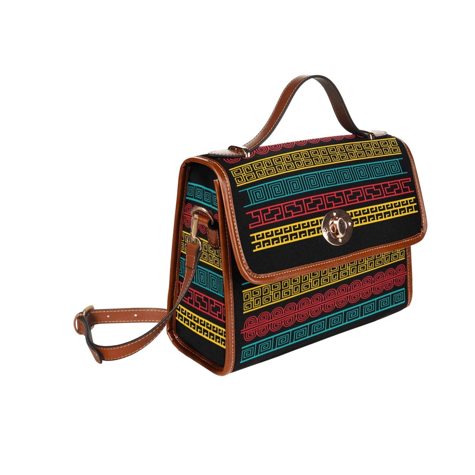 Women’s Handbag - Canvas Top Handle Shoulder Bag - Black / Geometric